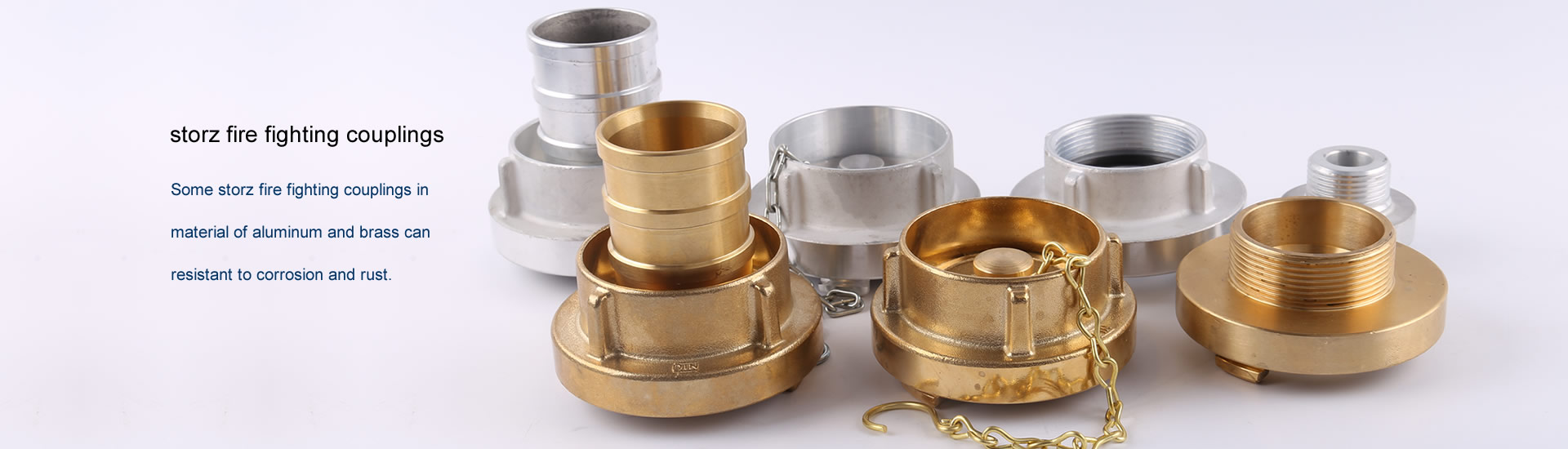 The picture shows two storz suction hose couplings, two storz blind caps with chain, two storz male threads and a storz female thread.